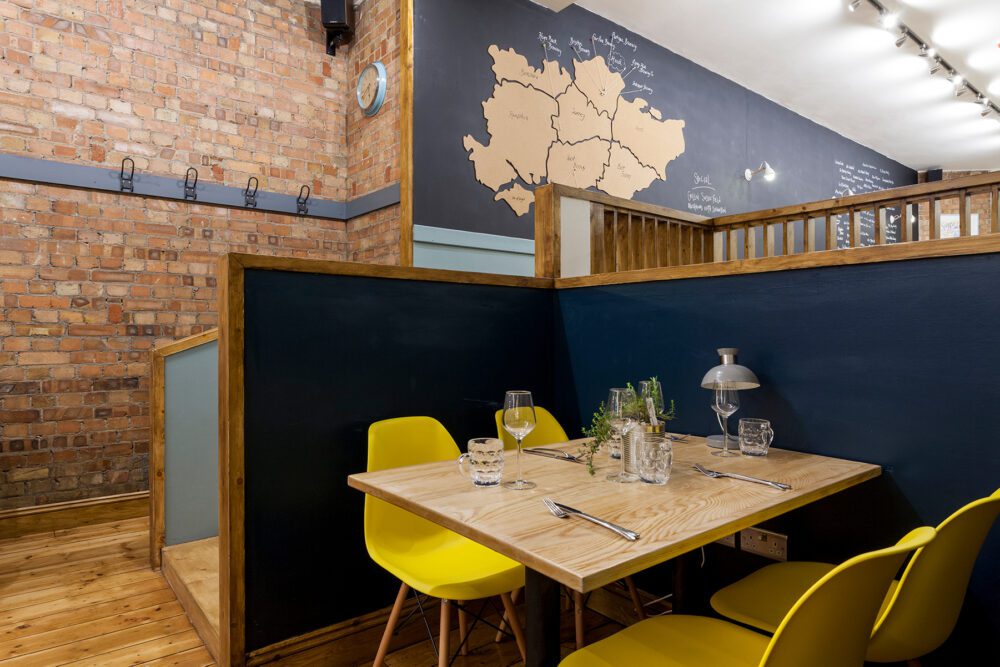 restaurant seating area with map